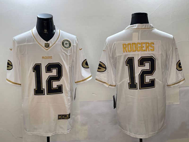 Men Green Bay Packers #12 Rodgers White Gold Throwback 2024 Nike Limited NFL Jersey style 01021